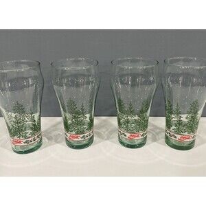4 Libbey Coca Cola Christmas Glasses Pine Trees Holly  16 Oz